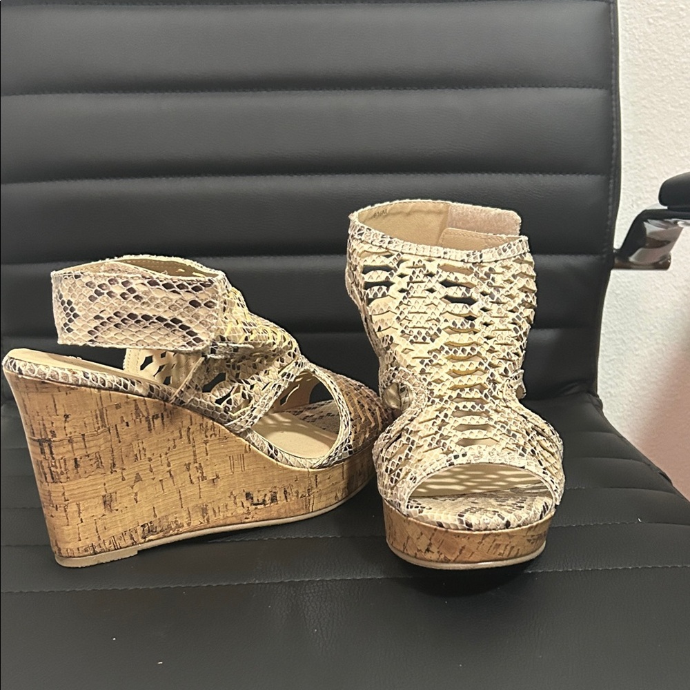 Maurices Snake-Print Cork Wedge Sandals - Beige